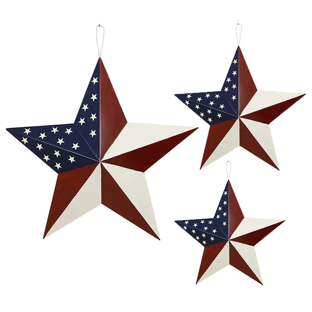 3pcs Patriotic Metal Barn Star Outdoor Indoor Hanging Wall Decor Star Ornaments 4th of July Decoration Country Style (12"&16.5"&21"-A)