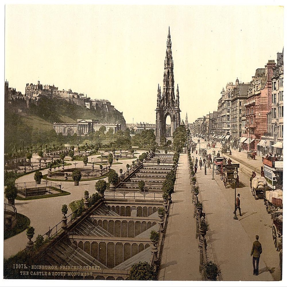 Princess Street (i.e. Princes Street), The Castle, and Scott Monument ...