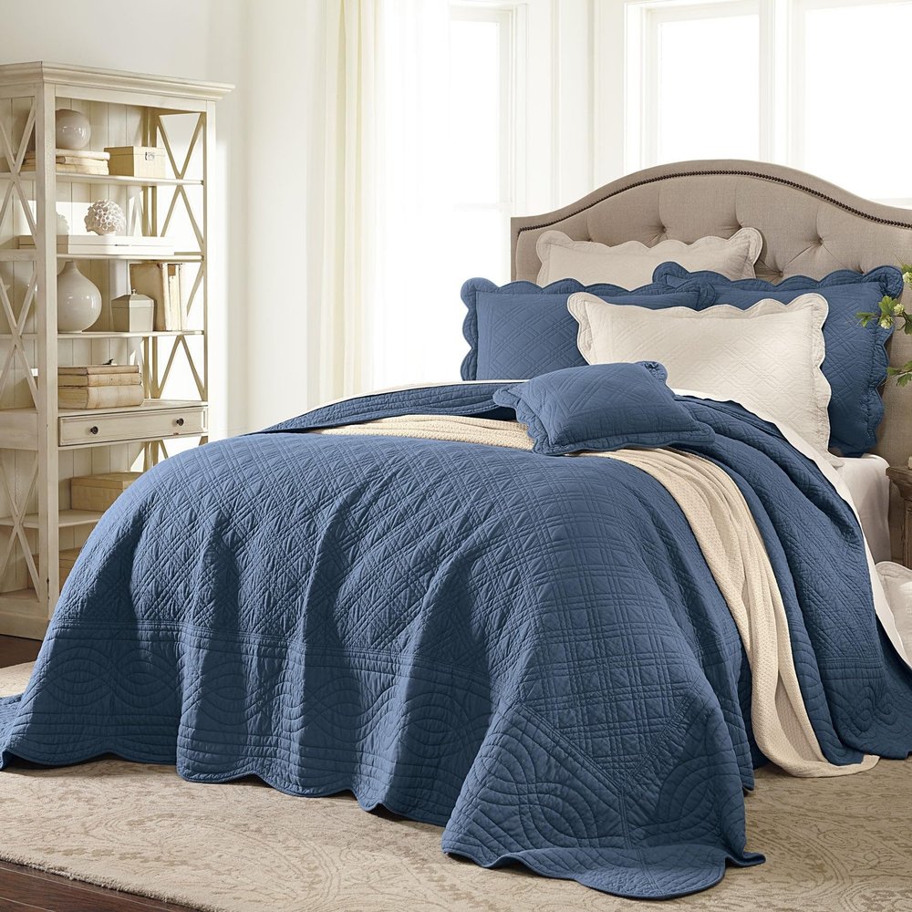 BrylaneHome Bedding Lightweight All Season Florence Quilted Oversized 100% Cotton Ultra Supreme Softness Bedspread - King, Smoky Blue