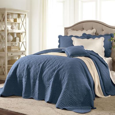 BrylaneHome Bedding Lightweight All Season Florence Quilted Oversized 100% Cotton Ultra Supreme Softness Bedspread - Full, Smoky Blue