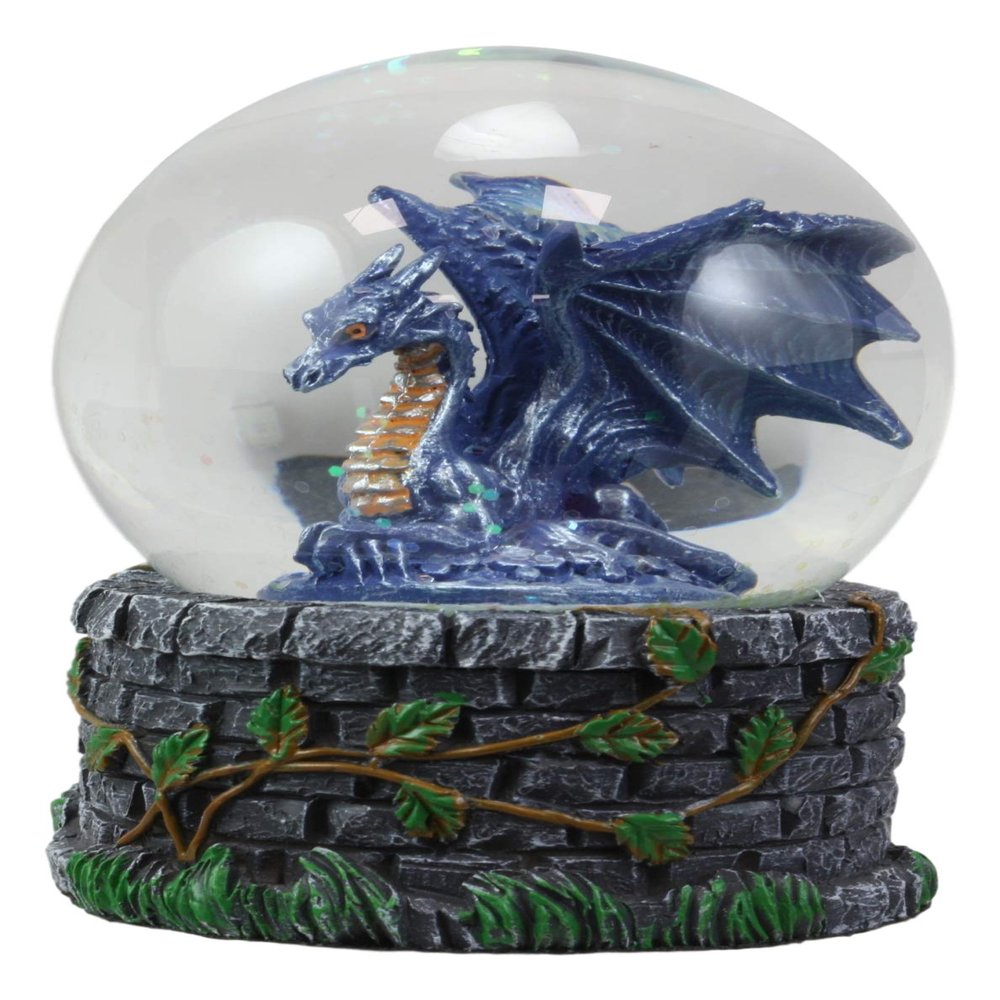 Ebros Small Fantasy Blue Midnight Dragon Sitting in Repose Glitter Water Globe Figurine with Stonewall Castle Tower Base 3.5" Tall