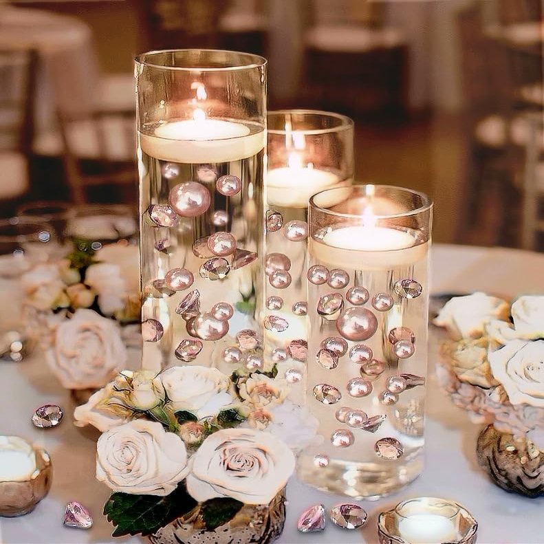 100 Floating Rose Gold Pearls with Rose Gold Sparkling Gems- Large Sizes- Fills 2 Gallons of The Floating Transparent Water Gels for Your Vases- with Pre-Measured Prep Bags for Best Results!
