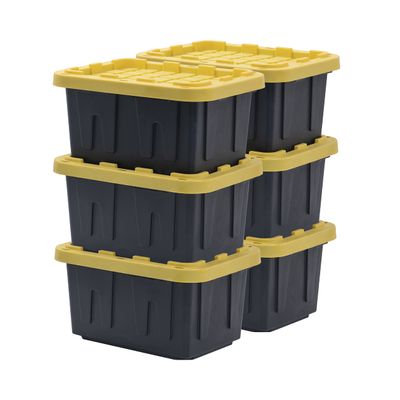 BLACK & YELLOW, 5-Gallon Heavy Duty Storage Bins with Lids, Stackable Plastic Storage Bins with Weather-Resistant Design, Home Organization, 6 Pack (8.6"H x 12.3"W x 16.4"D)
