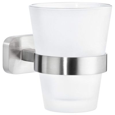 tesa ESTEETIC Toothbrush Holder - Self-Adhesive, Stainless-Steel Tooth Brush Holder with Frosted Glass Cup - Waterproof, incl. Power.Kit Adhesive Solution - 125 mm x 80 mm x 120 mm