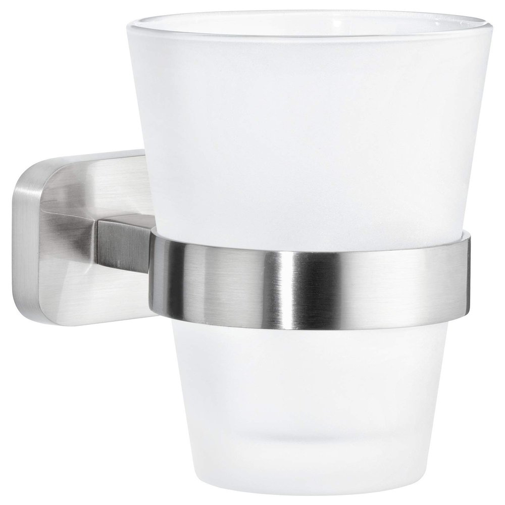 tesa ESTEETIC Toothbrush Holder - Self-Adhesive, Stainless-Steel Tooth Brush Holder with Frosted Glass Cup - Waterproof, incl. Power.Kit Adhesive Solution - 125 mm x 80 mm x 120 mm