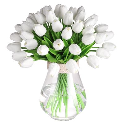 30 Pcs Artificial Tulips PU Faux Flowers, White Real Touch Fake Tulips for Valentine's Day Spring Easter Home Kitchen Wedding Decorations and New Year Decor