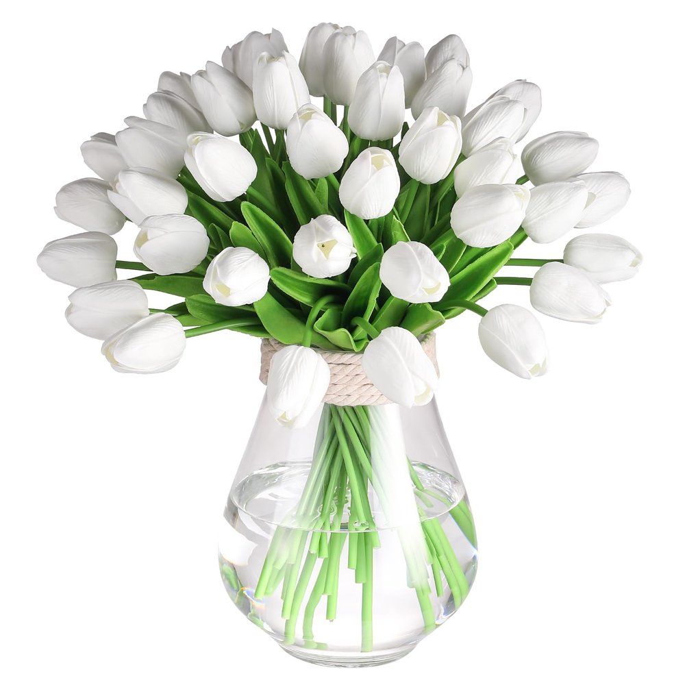 30 Pcs Artificial Tulips PU Faux Flowers, White Real Touch Fake Tulips for Valentine's Day Spring Easter Home Kitchen Wedding Decorations and New Year Decor