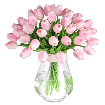 30 Pcs Artificial Tulips PU Faux Flowers, Pink Real Touch Fake Tulips for Valentine's Day Spring Easter Home Kitchen Wedding Decorations and New Year Decor