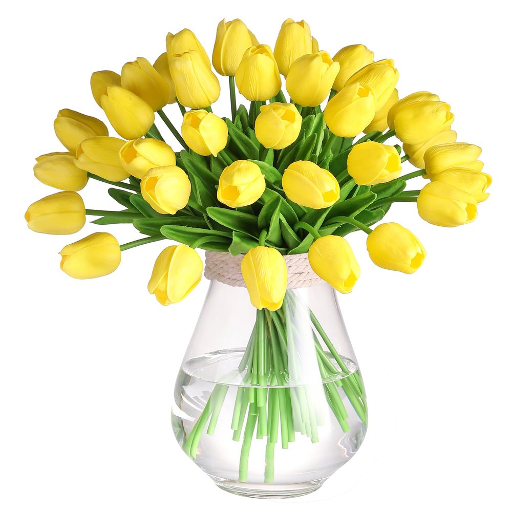 30 Pcs Artificial Tulips PU Faux Flowers, Yellow Real Touch Fake Tulips for Valentine's Day Spring Easter Home Kitchen Wedding Decorations and New Year Decor