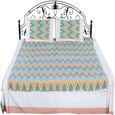 Exotic India Ikat Handloom Bedspread from Pochampally with Zigzag Weave in Multicolor Thread - Pure Cotton with P - Color Cream Color