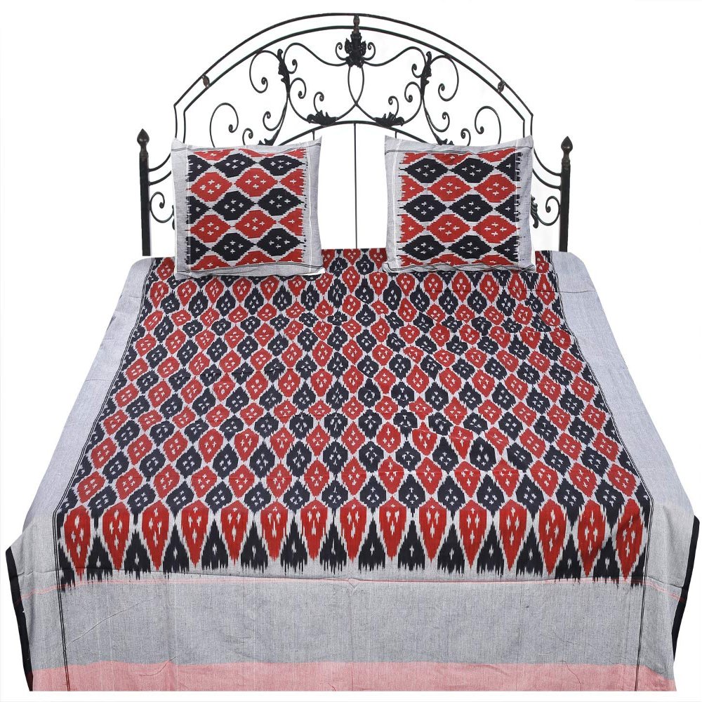 Exotic India Ikat Handloom Bedspread from Pochampally with Pattern Weave in Multicolor Thread - Pure Cotton with - Color Storm Gray Color