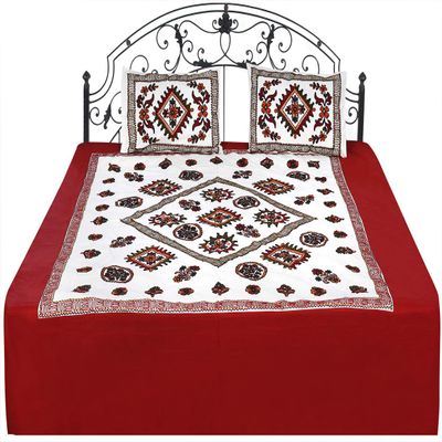 Exotic India Cream and Maroon Bedcover from Gujarat with Embroidered Florals and Mirrors - Pure Cotton with Pillo