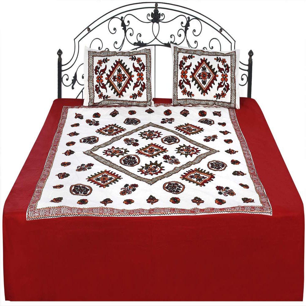 Exotic India Cream and Maroon Bedcover from Gujarat with Embroidered Florals and Mirrors - Pure Cotton with Pillo