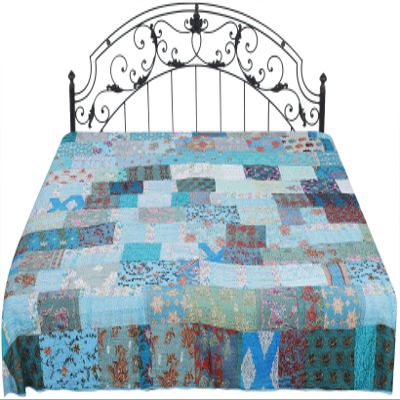 Exotic India Bachelor-Button Kantha Embroidered Bedcover from Jaipur with Crystals and Patch Work - Silk with Cot