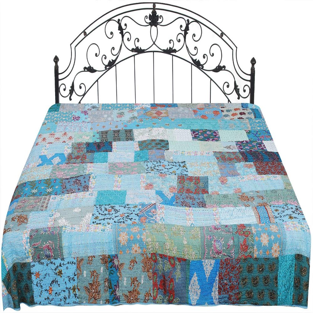 Exotic India Bachelor-Button Kantha Embroidered Bedcover from Jaipur with Crystals and Patch Work - Silk with Cot
