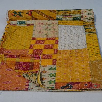 Blanket Bedding Bedspread Bed Kantha Vintage Handmade Silk Patchwork Indian Art Cover India Sari Bohemian Spreads Washed Patola Spread Quilt