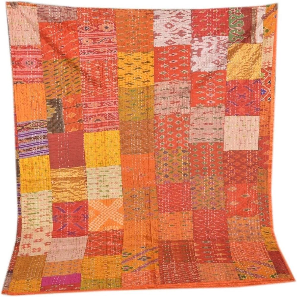 Blanket Bedding Bedspread Bed Kantha Vintage Handmade Silk Patchwork Indian Art Cover India Sari Bohemian Spreads Washed Patola Spread Quilt
