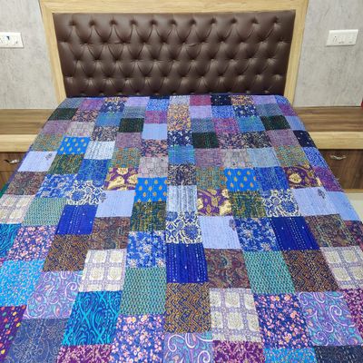 Blanket Bedding Bedspread Bed Kantha Vintage Handmade Silk Patchwork Indian Art Cover India Sari Bohemian Spreads Washed Patola Spread Quilt