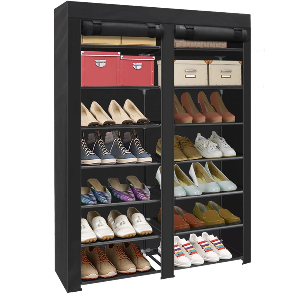 ERONE Shoe Rack Storage Organize, 28 Pairs Portable Double Row with Nonwoven Fabric Cover Shoe Shelf Cabinet for Closet