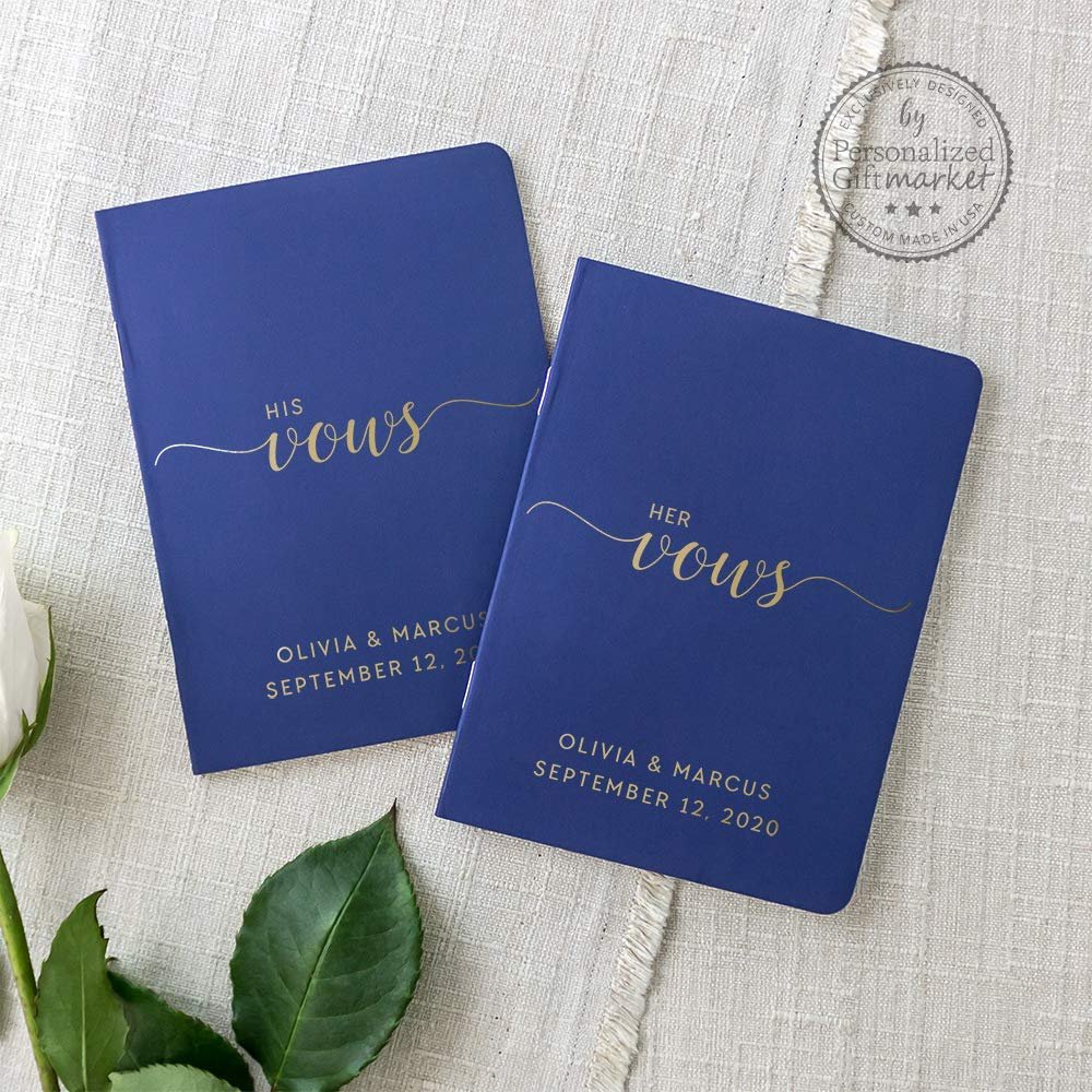 Handmade Personalized Vow Books Wedding Vows Book His Her Vow Renewal Notebook Journal Navy Gold Foil Script - Set of 2 Books