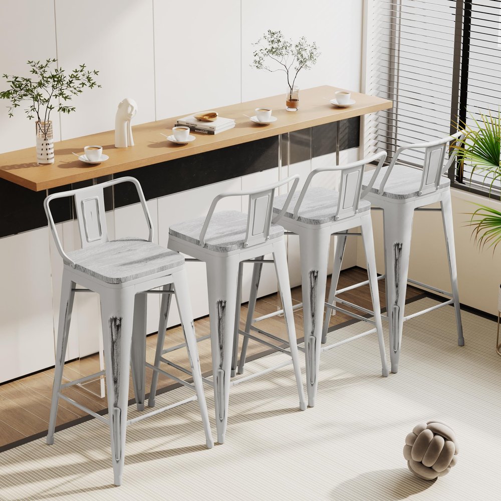 Alunaune 26" Industrial Metal Bar Stools Set of 4 Counter Height Barstools Kitchen Bar Chairs with Wooden Top-Low Back, Distressed White