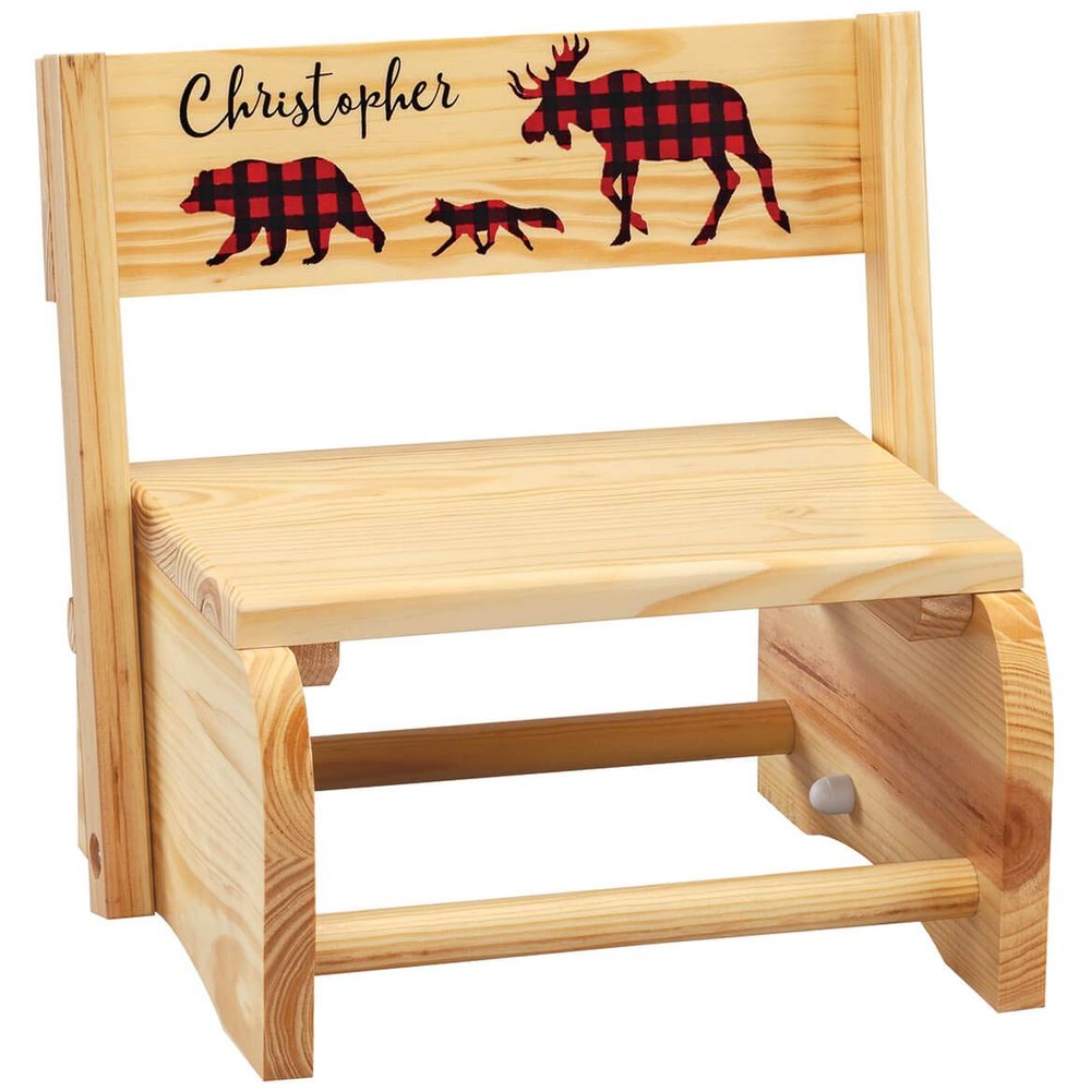 Custom Children's 2-in-1 Step Stool and Chair, Natural Wood, Buffalo Plaid Design with Custom Name