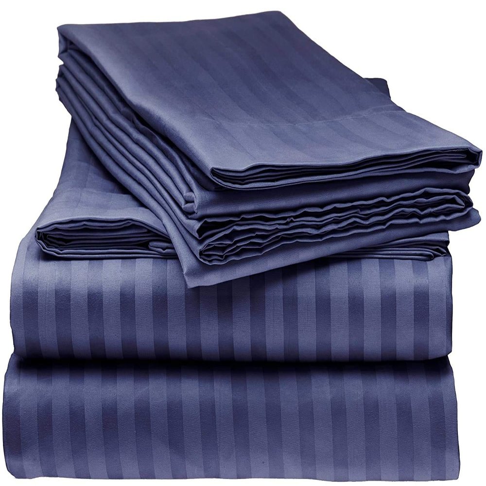 Comfort Bed Store 800 Series Organic Cotton Elegant Damask Dobby Stripped 32 inches 4 PC Sheet Set (1 Flat Sheet, 1 Fitted Sheet, 2 Pillowcases) Soft & Easy Care, Navy Blue, King