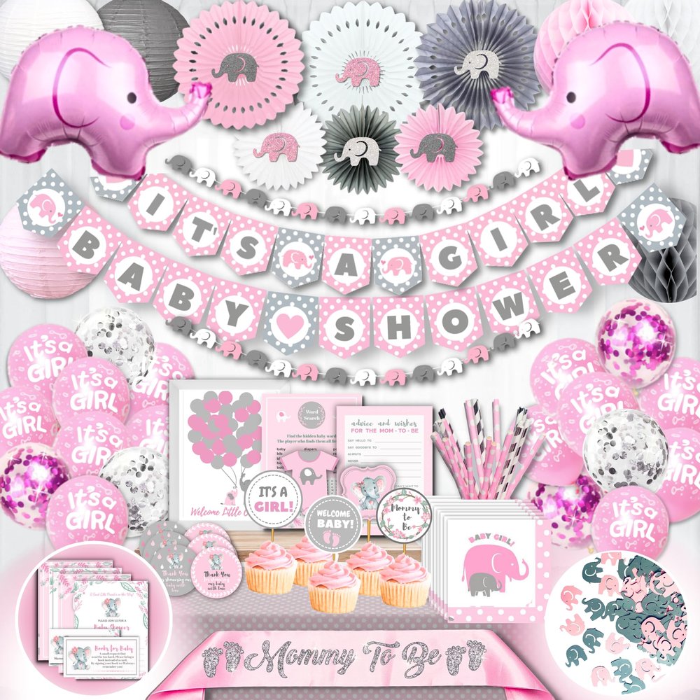 697 PC Premium Elephant Baby Shower Decorations for Girl Set It's A Girl Banners, Napkins, Straws, Guest Book, Paper Lanterns, Honeycomb Balls, Fans, Cake Toppers, Sash, Balloons, Games