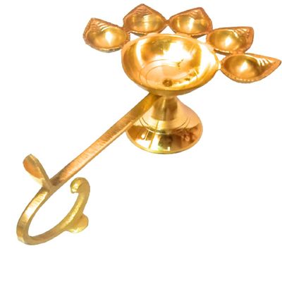 Brass Panch aarti Deepak/Five face aarti/Deepak Diya for Pooja Room/Panch Diya for Daily Pooja use/panchmukhi Diya for Pooja with Designer Curved Handle for Holding,Gold,DE0001