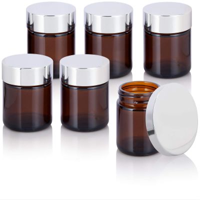 (6 pack) 2 oz Amber Thick Glass Jar with Silver Metal Overshell Lid