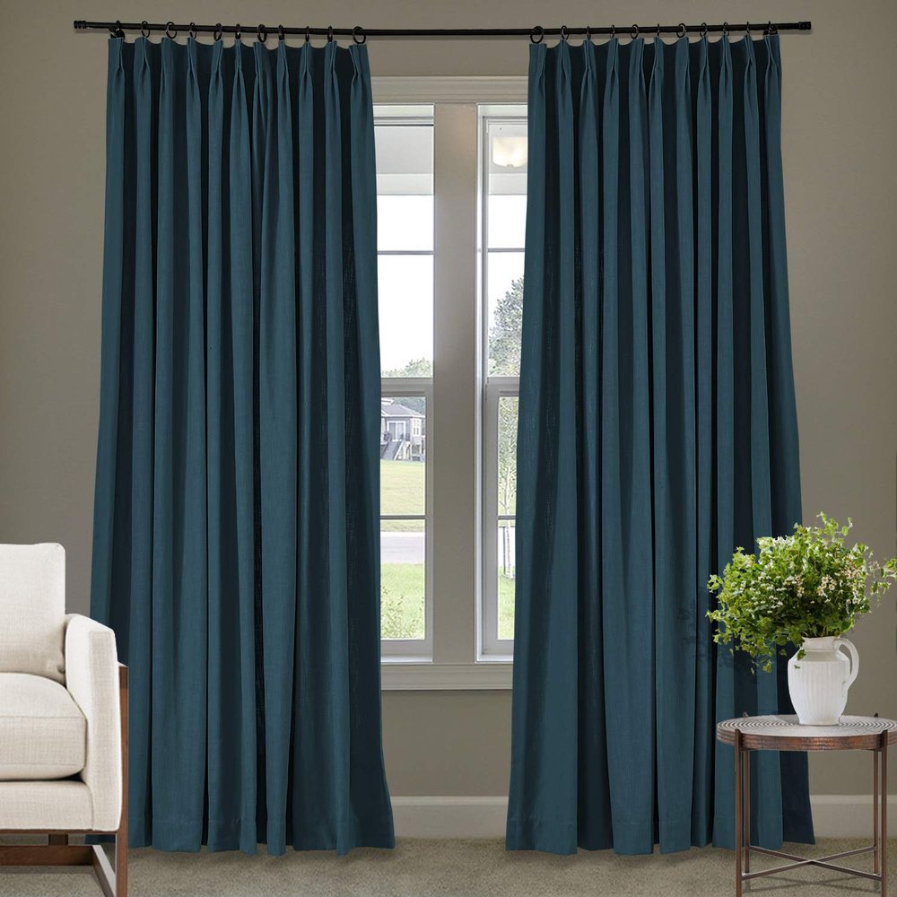 Frelement 52 inches Wide 84 inches Long Linen Cotton Pinch Pleat Curtains Noise Reduction Drapes for Meeting Room, Sliding Door, Navy, 1 Panel