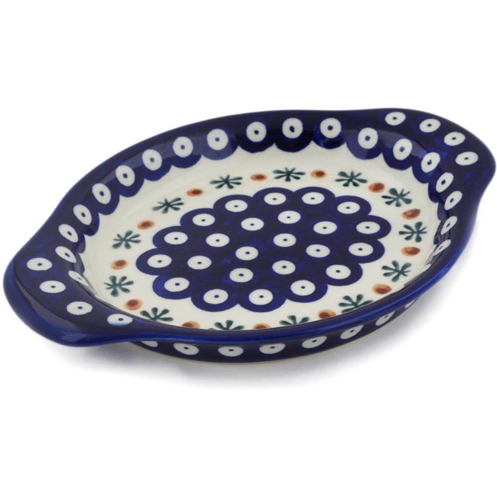 Polmedia Polish Pottery Platter with Handles 9-inch - Mosquito Pattern Handmade in Boleslawiec Poland by Ceramika Bona + Certificate of Authenticity