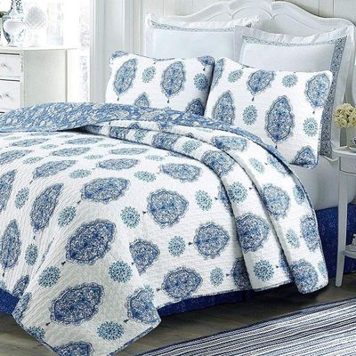 3 Piece Hygge & Scandinavian Geometric Floral Quilt Queen Allover Blue Damask Motif Pattern Modern Contemporary Cotton All Seasons Traditional Look Farmhouse Bedding Luxury Comfy Soft Bedroom Decor