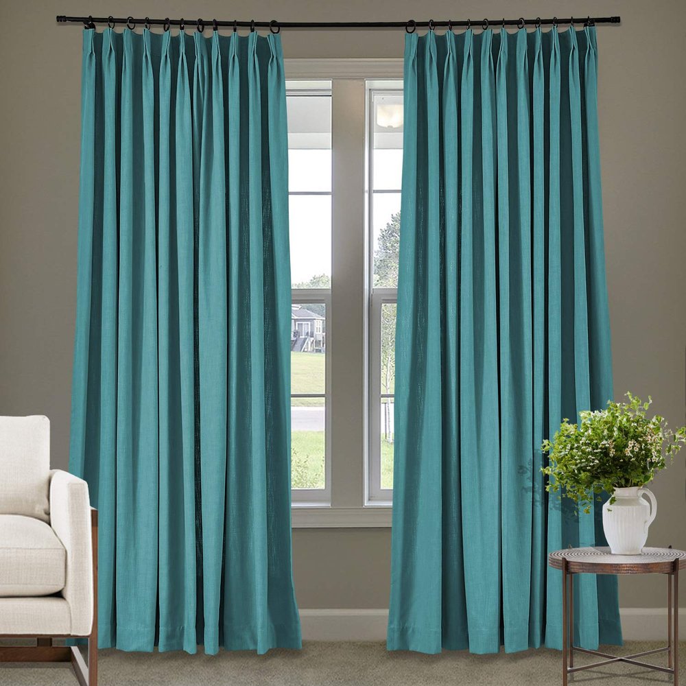 Frelement 52 inches Wide 84 inches Long Linen Cotton Pinch Pleat Curtains Noise Reduction Drapes for Meeting Room, Sliding Door, Teal, 1 Panel