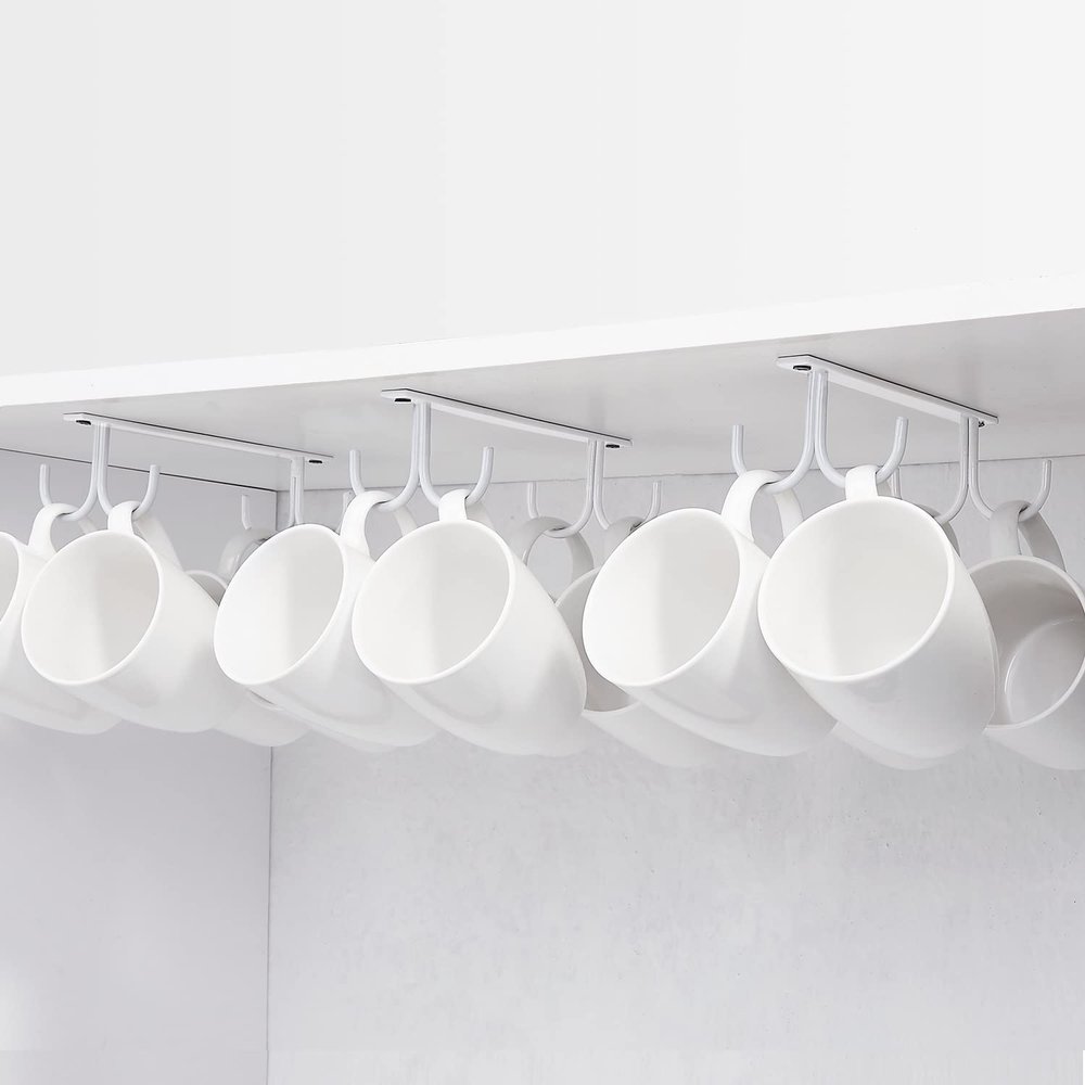 FOMANSH Mug Rack Under Cabinet - Coffee Cup Holder, 12 Mugs Hooks Under Shelf, Display Hanging Cups Drying Hook for Bar Kitchen Utensils White
