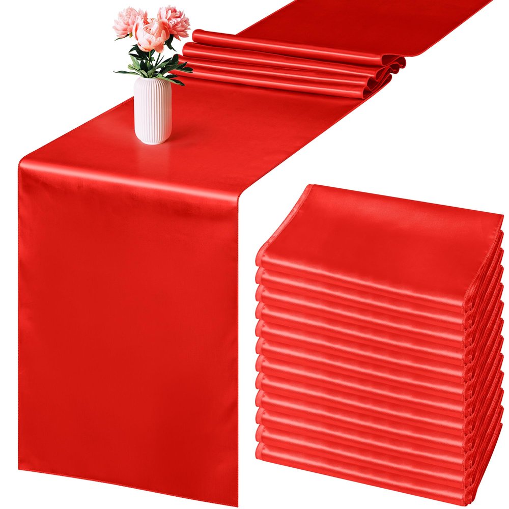 Aneco 12 Pack Satin Table Runner 12 x 108 Inch Red Long Wedding Satin Silk Table Runner for Wedding Banquet Graduations Birthday Party Decoration