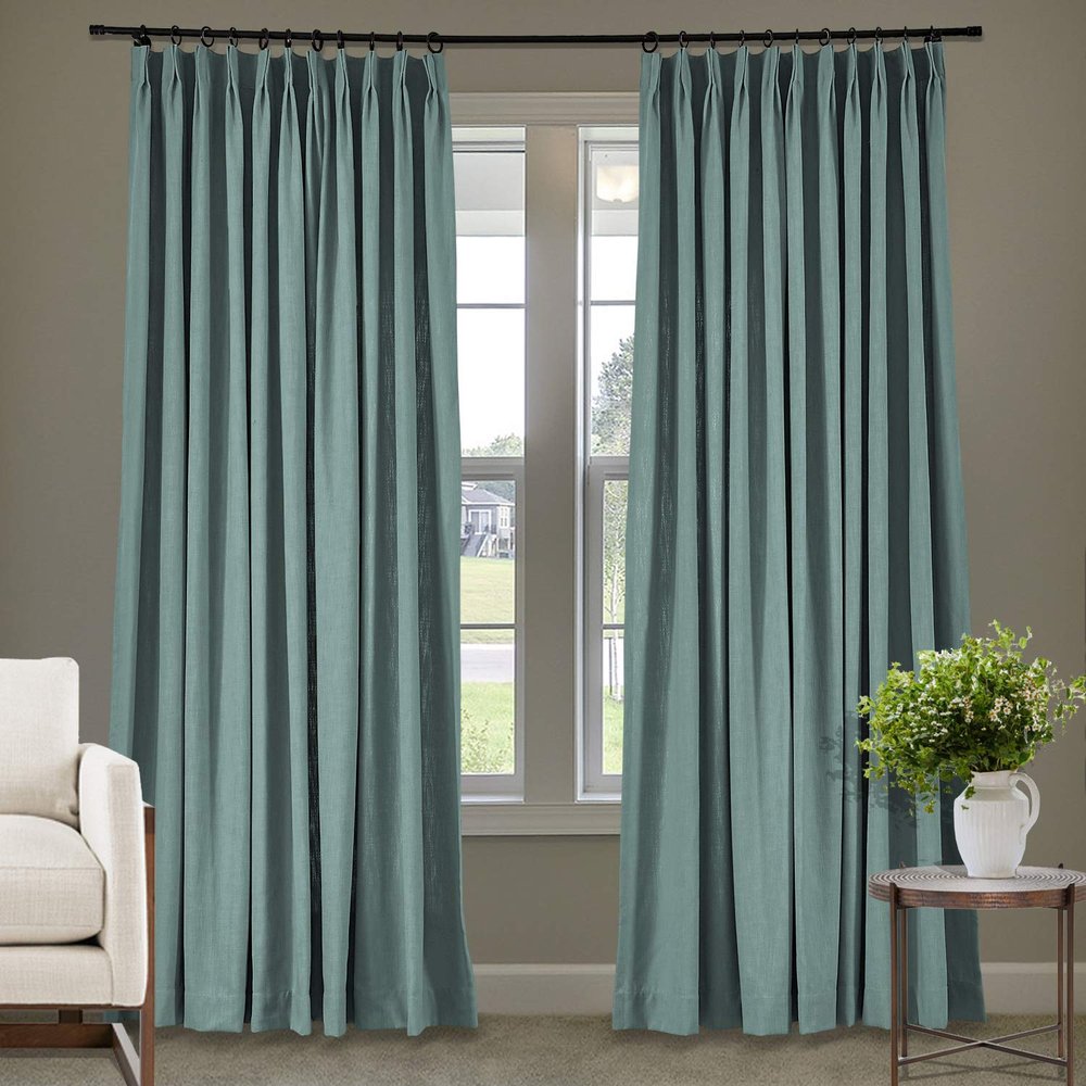 Frelement 52 inches Wide 84 inches Long Linen Cotton Pinch Pleat Curtains Noise Reduction Drapes for Meeting Room, Sliding Door, Smoke Blue, 1 Panel