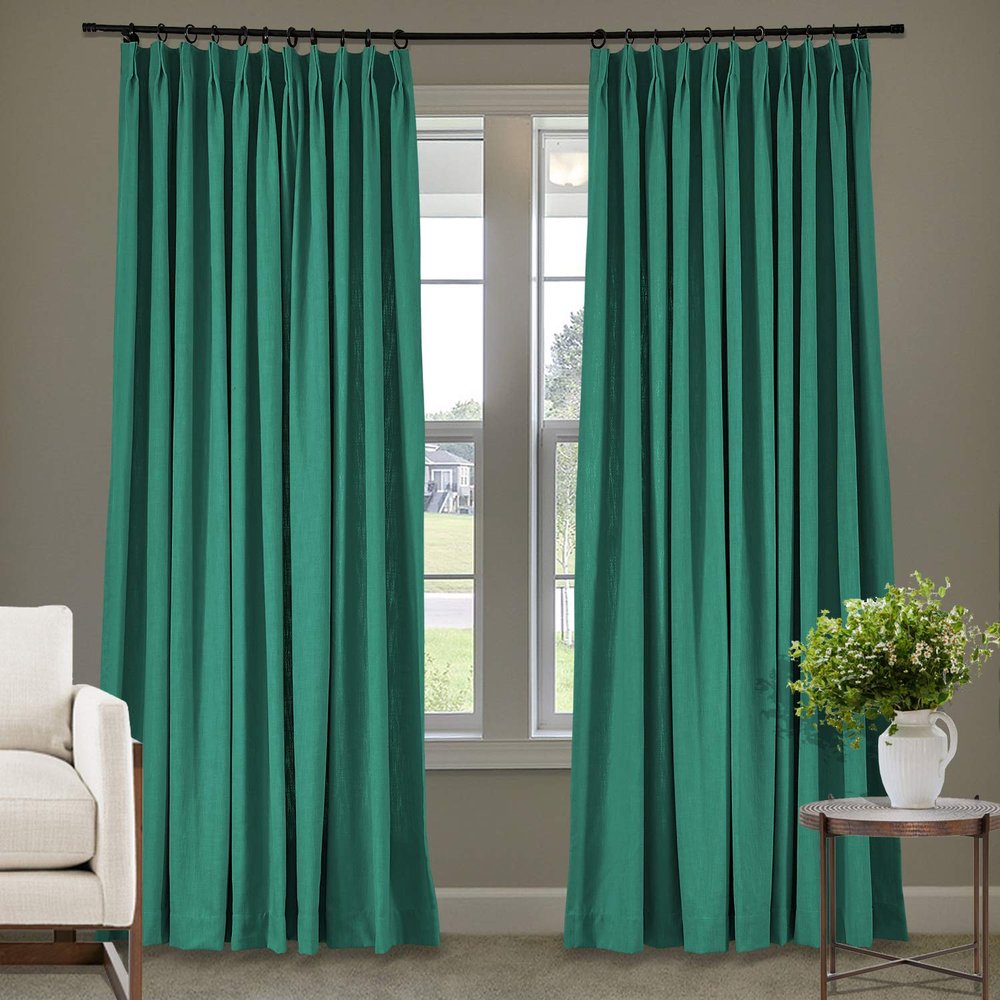 Frelement 52 inches Wide 84 inches Long Linen Cotton Pinch Pleat Curtains Noise Reduction Drapes for Meeting Room, Sliding Door, Greenlake, 1 Panel