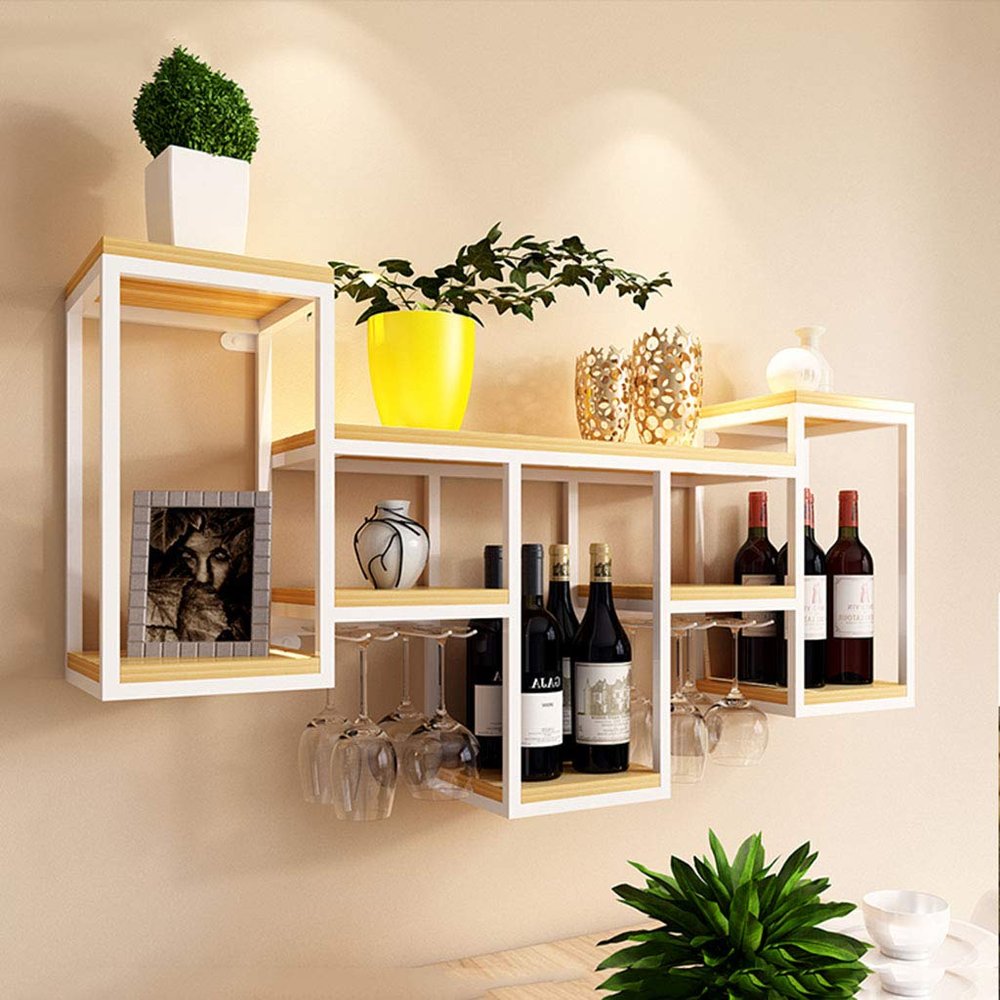 Vintage Industrial Pipe Wine Racks Wall-Mounted Tableware Bottle Shelves Wood Storage Shelf for Kitchen, Dining Room, Bar, Wine Cellar