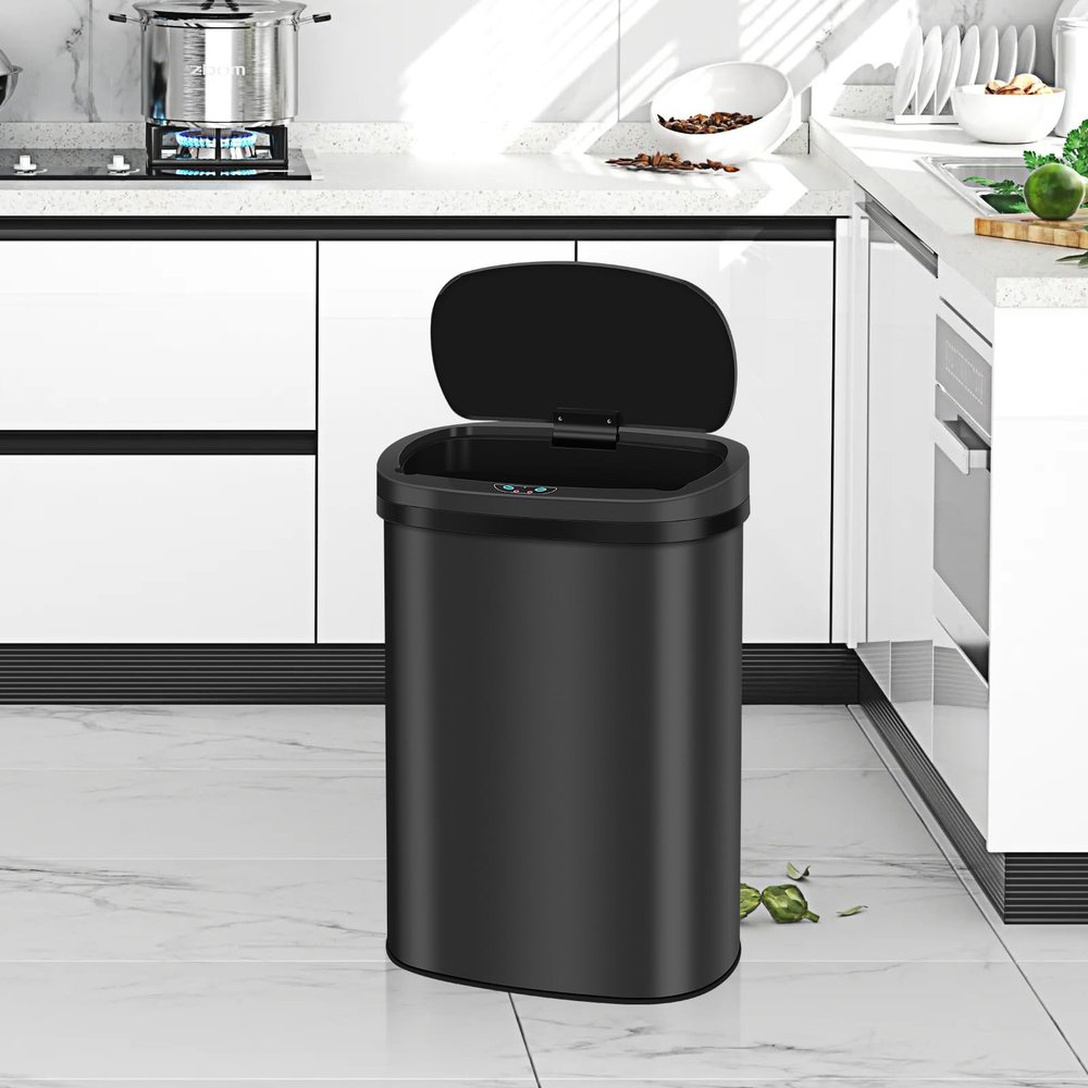 13 Gallon Stainless Steel Automatic Sensor Trash Can - No Touch Garbage Can Kitchen Waste Bin High-Capacity Bathroom Trash Can with Lid for Home Bedroom Office,Black