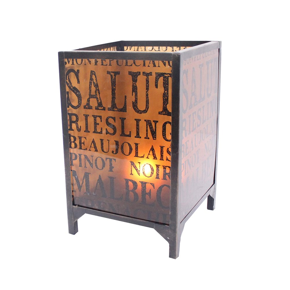 Benjara Cuboidal Metal and Glass Candleholder with Typography, Black and Clear