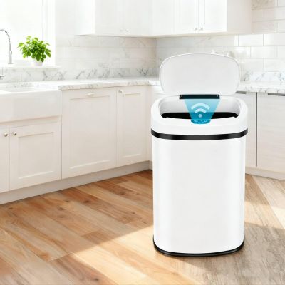 13 Gallon Stainless Steel Automatic Sensor Trash Can - No Touch Garbage Can Kitchen Waste Bin High-Capacity Bathroom Trash Can with Lid for Home Bedroom Office,White