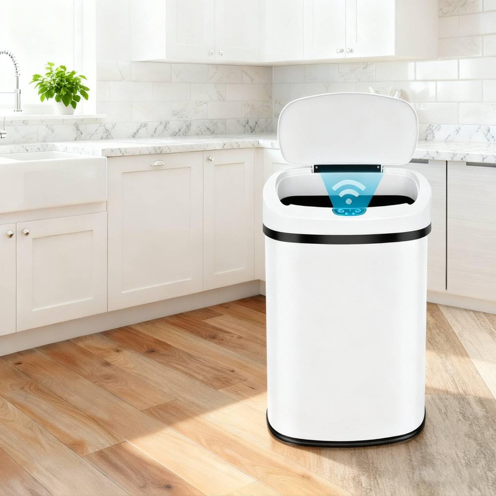 13 Gallon Stainless Steel Automatic Sensor Trash Can - No Touch Garbage Can Kitchen Waste Bin High-Capacity Bathroom Trash Can with Lid for Home Bedroom Office,White