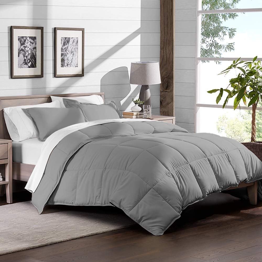 Axia Linen & things Hotel Quality 2 Piece Comforter Set 100% Egyptian Cotton 1 Pcs Comforter 300 GSM 1 Pcs Reversible Duvet Cover 800 Thread Count Pattern Solid (Cal-Queen, Light Grey,Solid)