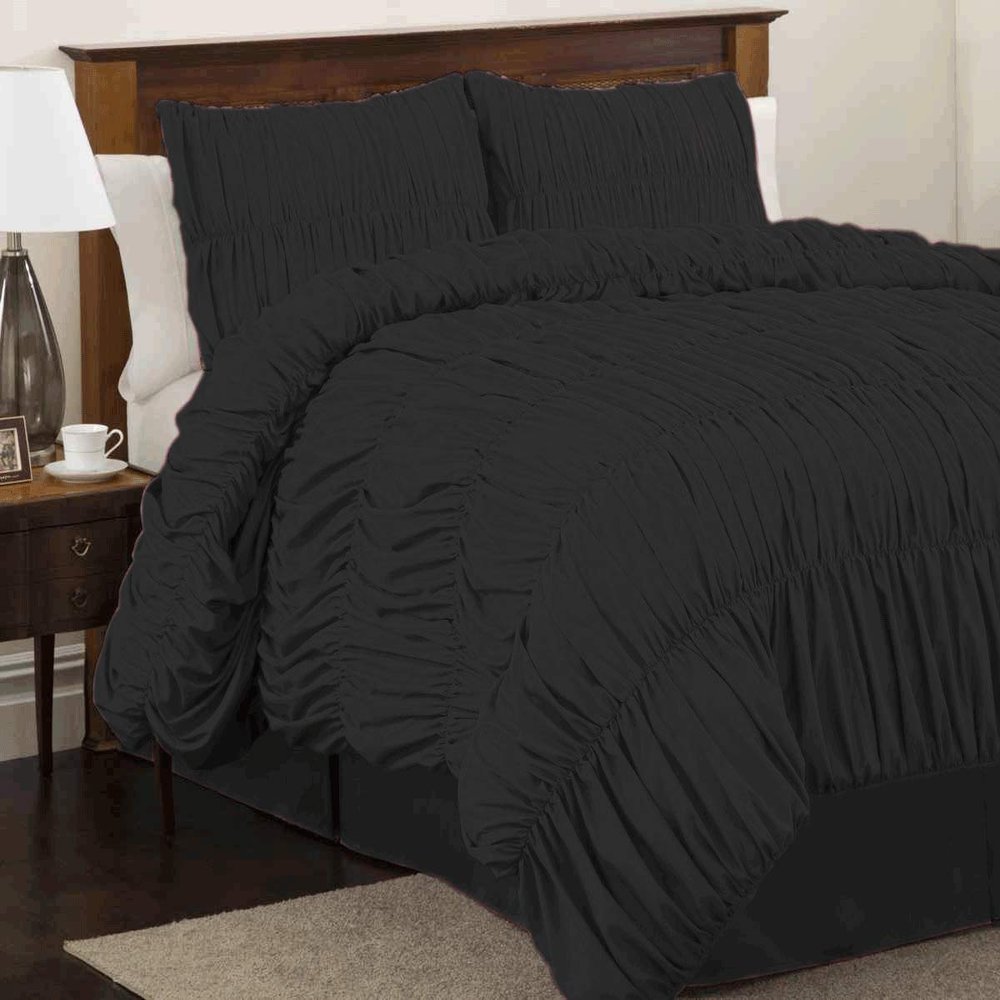 Bedding Empire Luxurious 3 Piece Gathered Ruffle Duvet Cover Set 100% Egyptian Cotton 500 Thread Count Emperor Size, Black Color