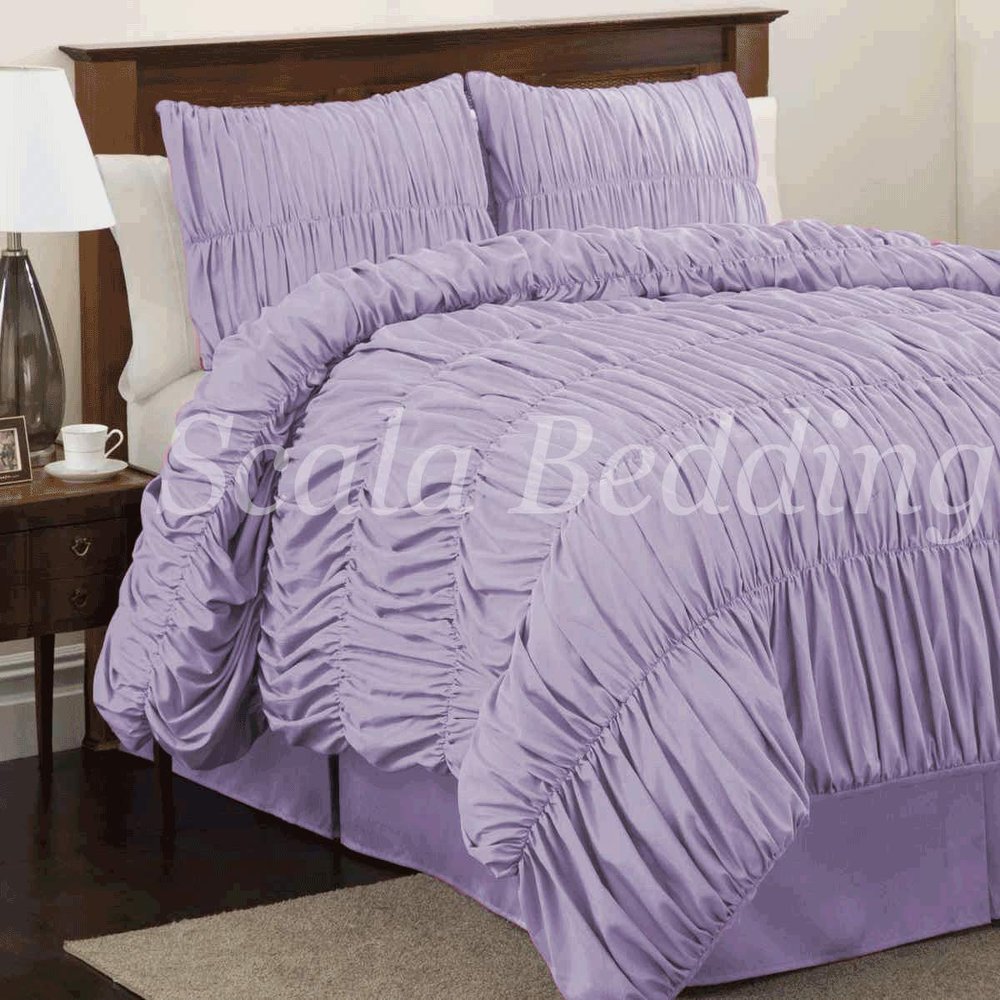 Bedding Empire Luxurious 3 Piece Gathered Ruffle Duvet Cover Set 100% Egyptian Cotton 500 Thread Count Emperor Size, Lavender Color