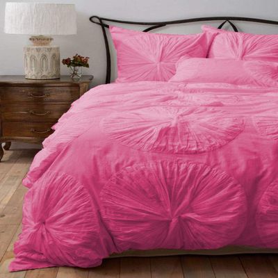 Bedding Empire Luxurious 5 Piece Flower Ruffle Duvet Cover Set 100% Egyptian Cotton 500 Thread Count Queen Size, Hot Pink Color