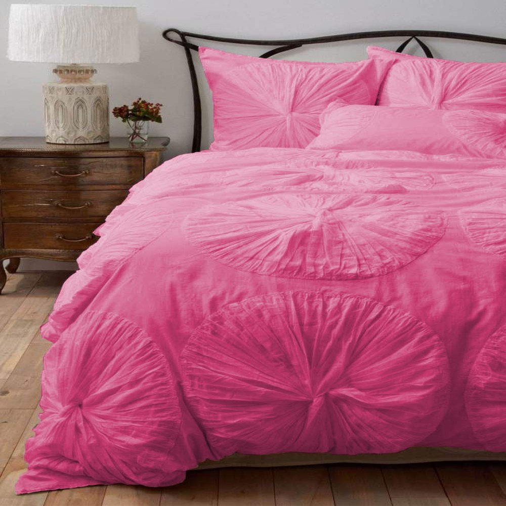 Bedding Empire Luxurious 5 Piece Flower Ruffle Duvet Cover Set 100% Egyptian Cotton 500 Thread Count Queen Size, Hot Pink Color