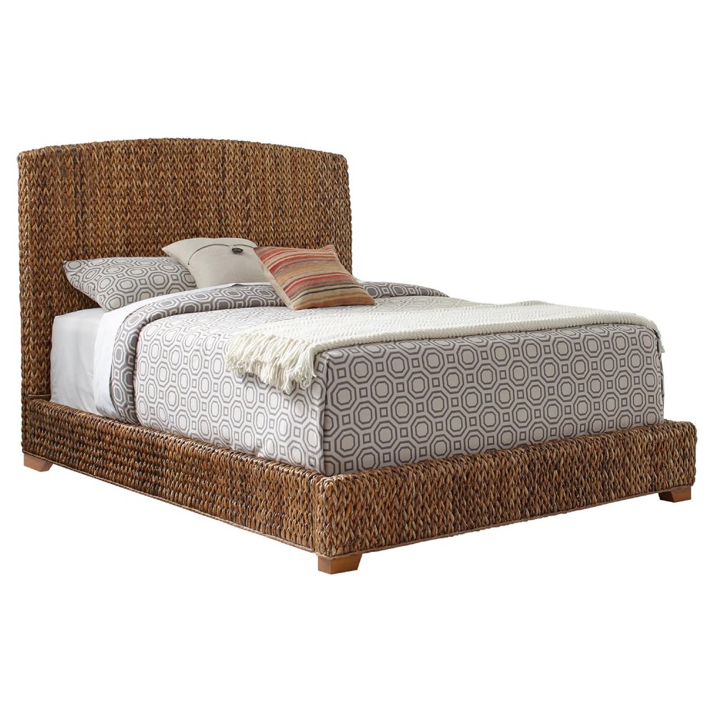 Benjara Hand Woven Banana Leaf Eastern King Bed with Chamfered Legs, Brown