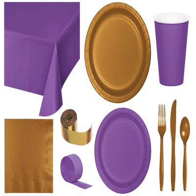 Baxters Party Bundle Bulk, Tableware for 24 People Amethyst and Gold, 2 Size Plates Napkins, Paper Cups Tablecovers and Cutlery, Box of 199